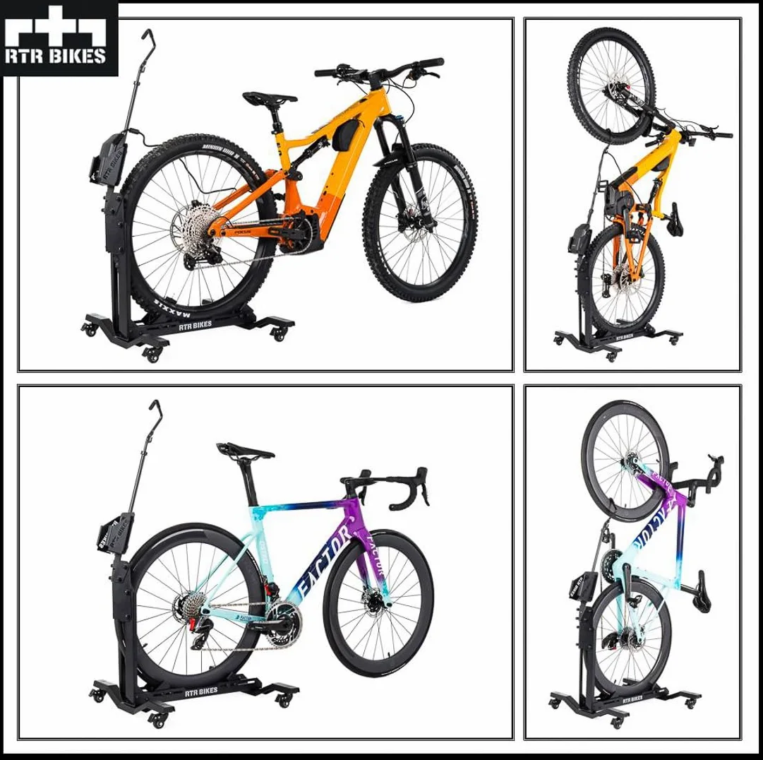 RTR BIKES Brutus Up Pro Cavalletto Bici Mobile con Ruote – Postazione Ricarica E-Bike con Porta Caricabatterie – Supporto Verticale fino a 30kg – Gomme 3,5" – Made in EU