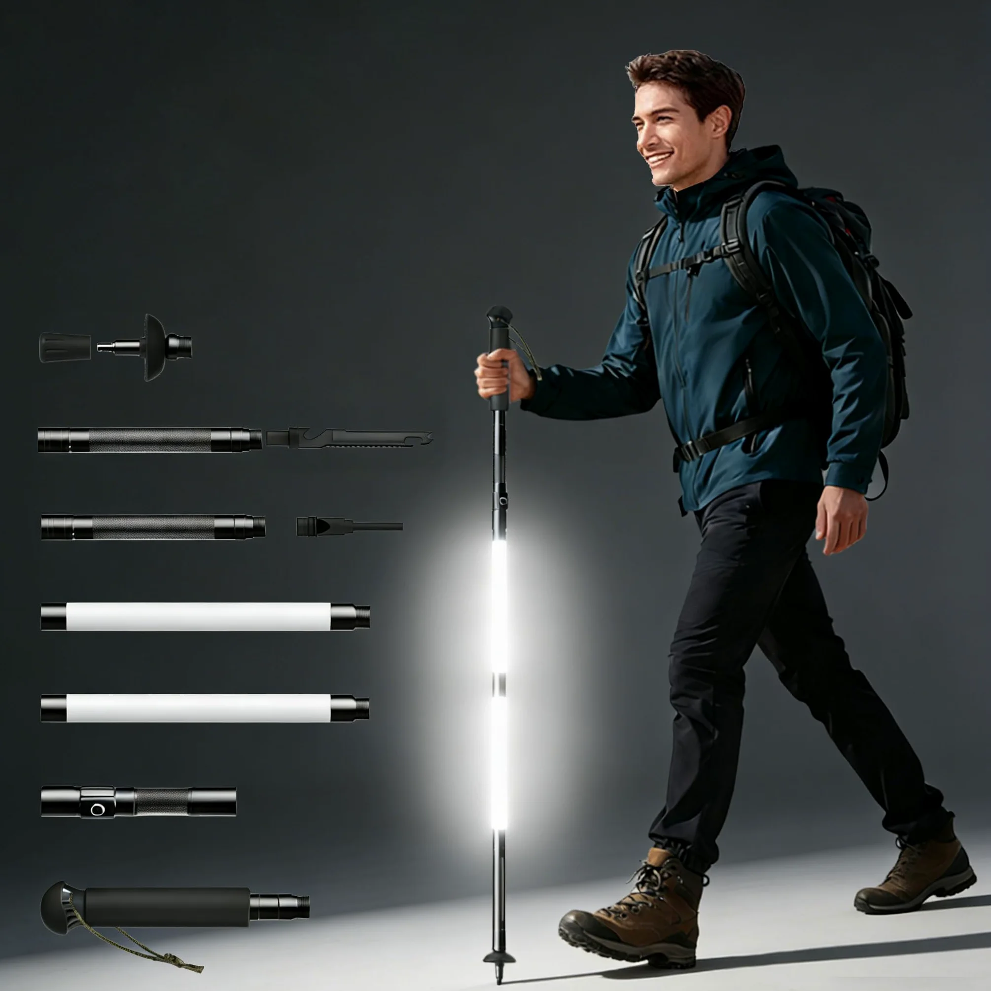 Bastoni da trekking ricaricabili a LED, pieghevoli, con torcia staccabile, multi-strumento di sopravvivenza, personale illuminato per campeggio, escursionismo, uso di emergenza