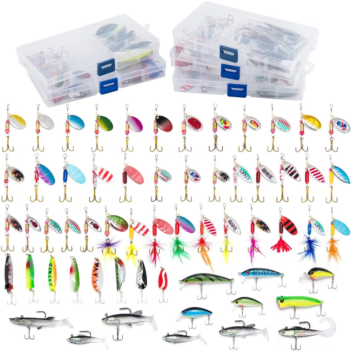 Dr.Fish Borsa per attrezzatura da pesca 5 scatole per attrezzatura con 60 esche da pesca incluse Kit di scatola per attrezzatura da pesca con spalle imbottite