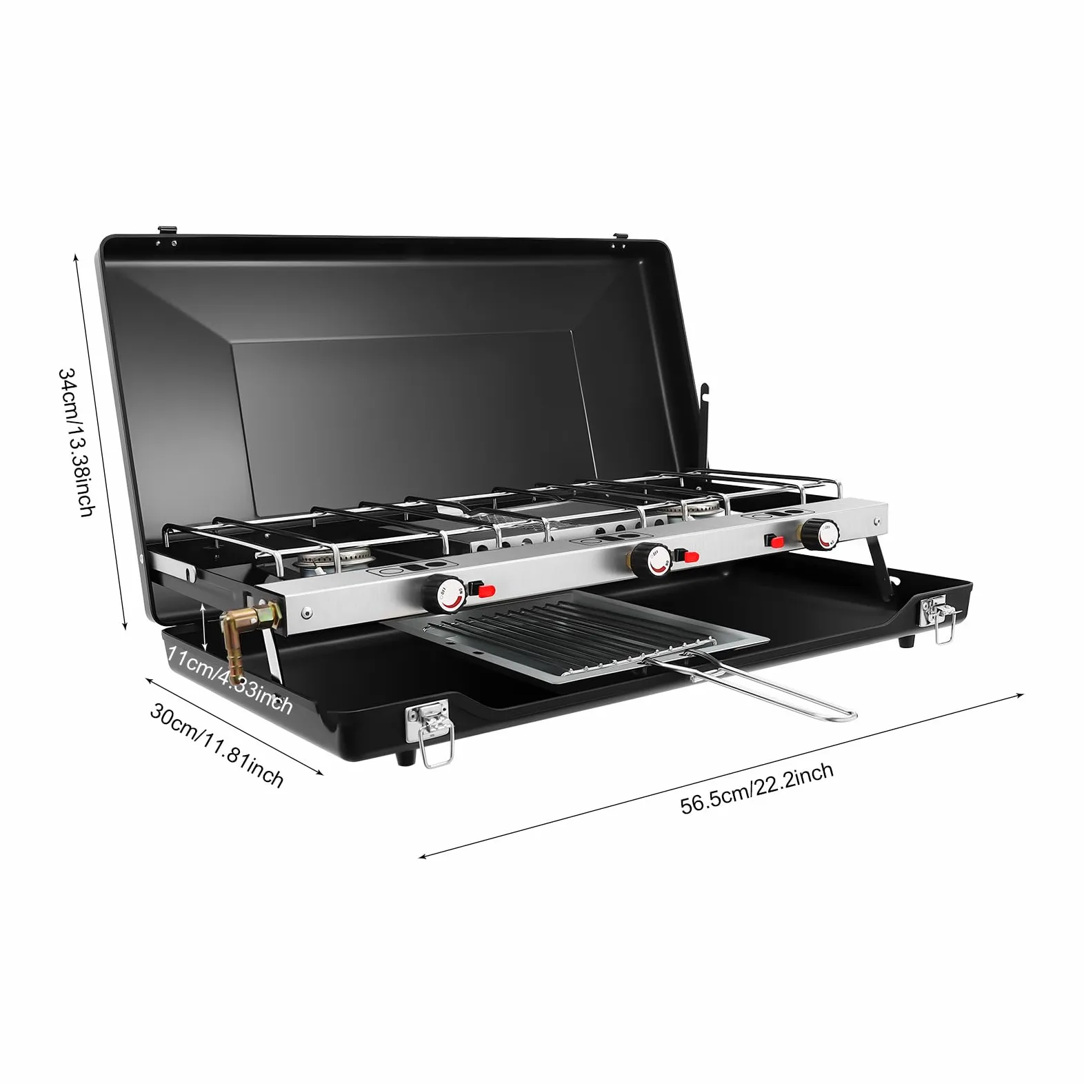 Fornello a gas a 3 fuochi da campeggio con piastra grill e coperchio, Fornello portatile da esterno per bombola del gas, 4,5 kW, Pieghevole, Ideale per grigliate serali, feste