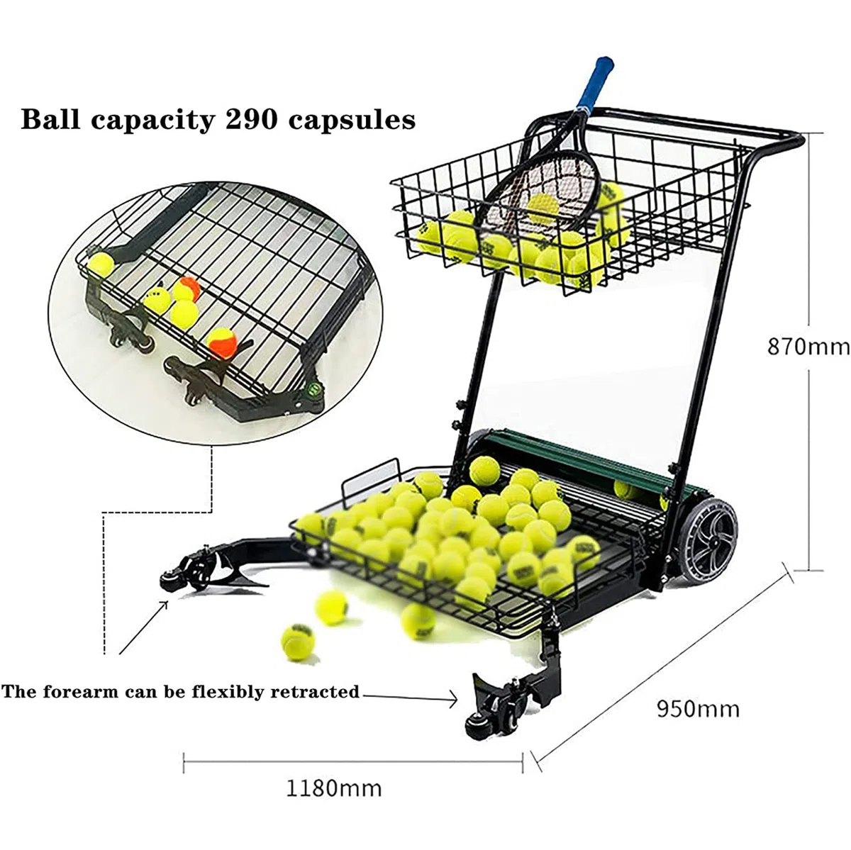 Cart - Raccoglitore automatico di palline da tennis, raccoglie 90 palline alla volta, può contenere fino a 290 palline da tennis, per vari campi e palestre