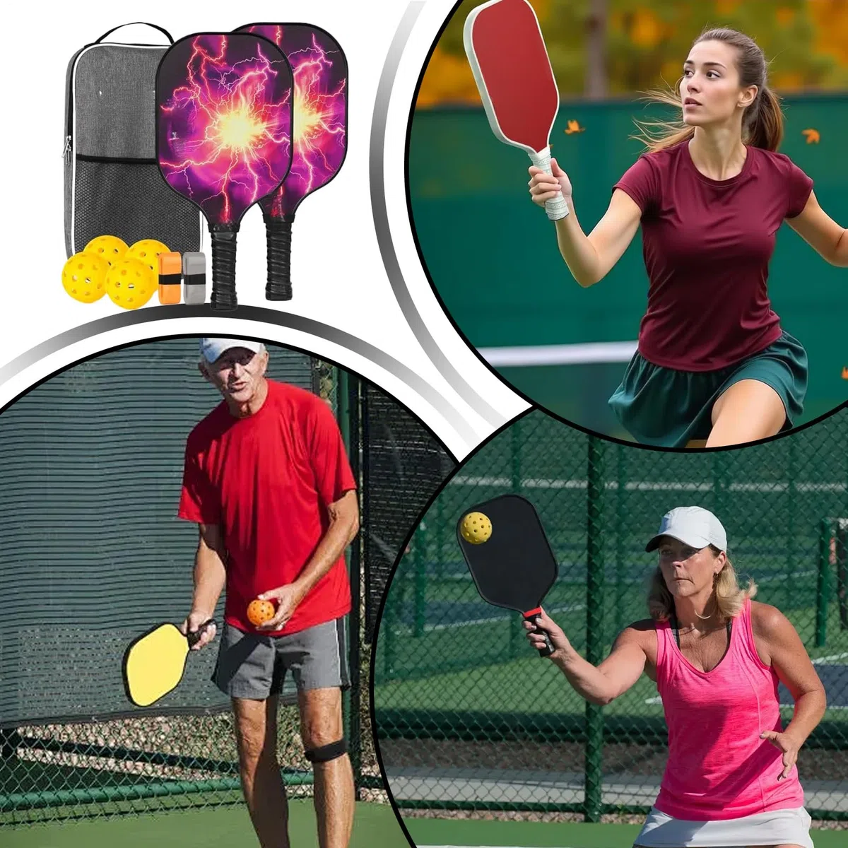 Set di 4 racchette Pickleball | Fiberglass Pickleball in fibra di vetro leggera, ergonomiche per sport, donne, uomini e ragazze e per casa, attività all'aperto, interni e