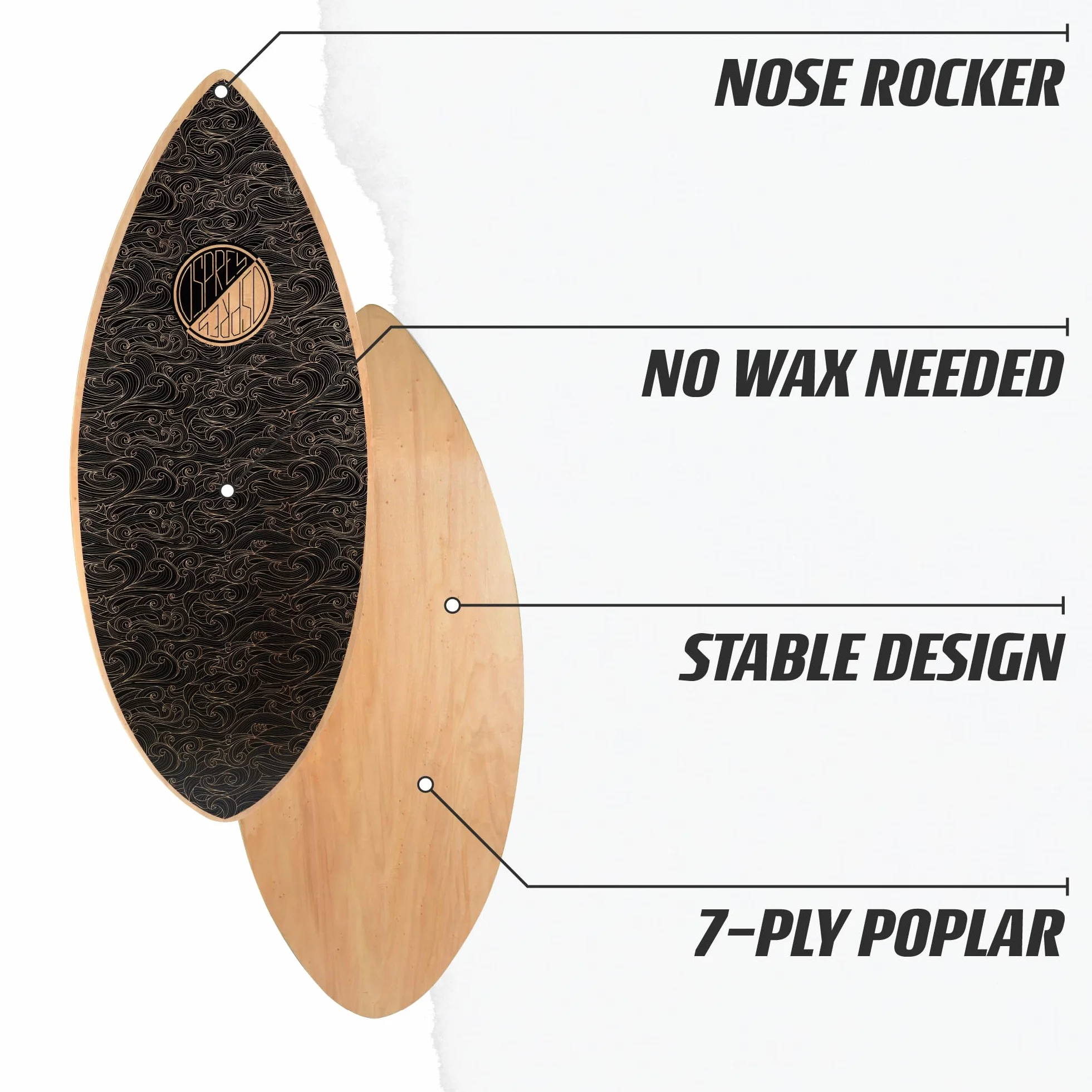 Osprey Skimboard da surf per bambini e adulti, 104 cm, per principianti, con struttura in legno a 7 strati, design multipli