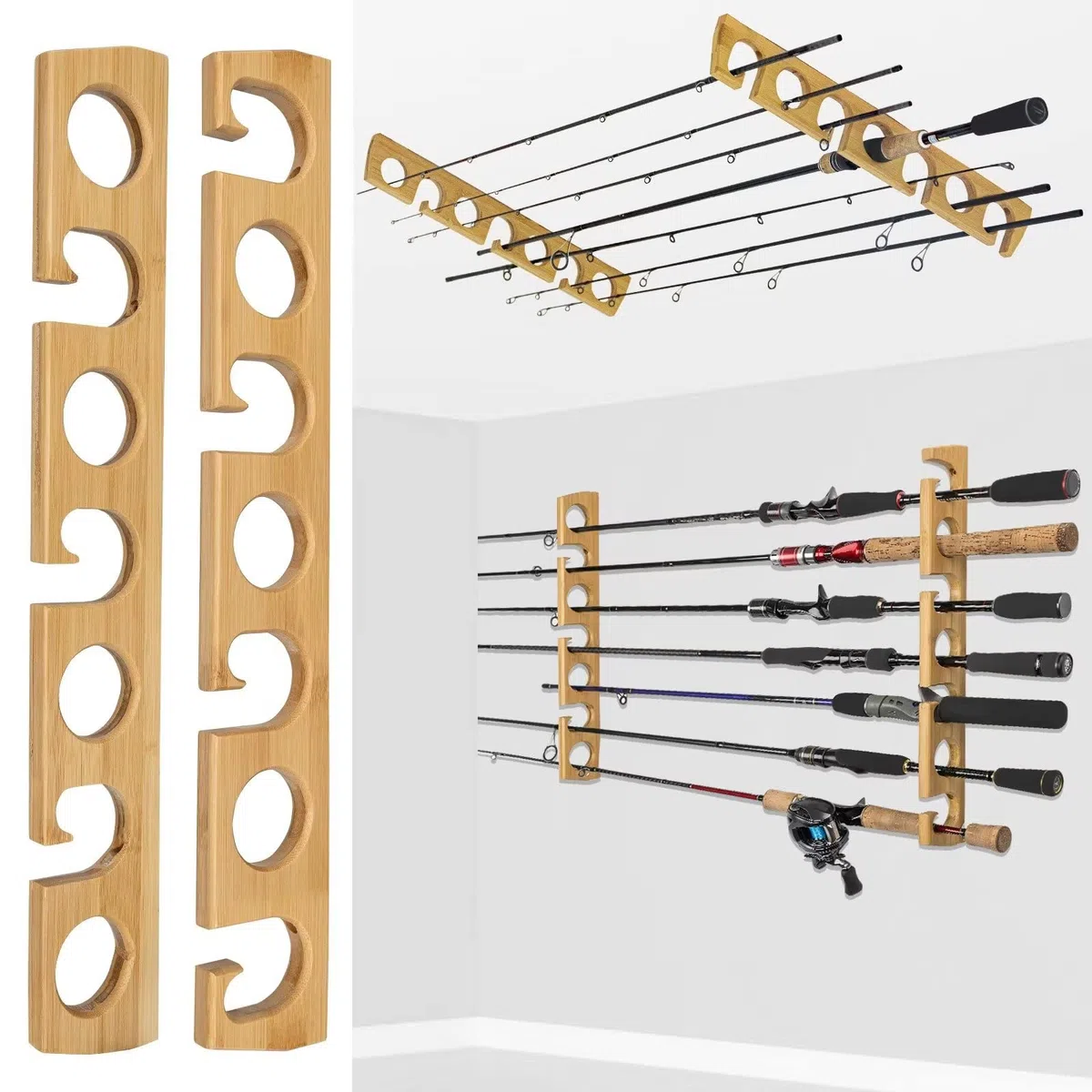 THKFISH Porta Canne da Pesca da Muro Portacanne da Pesca per Garage in Legno Bastone da Pesca Wall Rack Store 7 combo di canne da pesca, 1 coppia Orizzontali