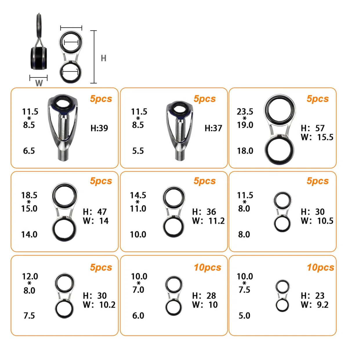 Set di 55 anelli per canna da pesca, in acciaio inox e ceramica, 9 diverse misure, guide per canna da pesca