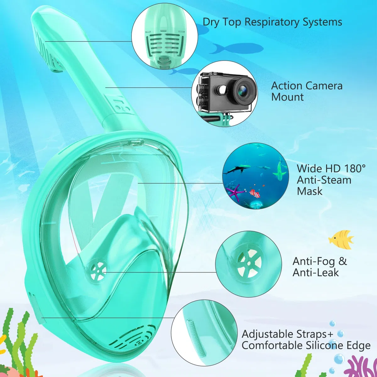 Maschera da snorkeling per bambini da 2 a 14 anni, con supporto per fotocamera, vista panoramica a 180 gradi, set anti-appannamento e anti-perdite