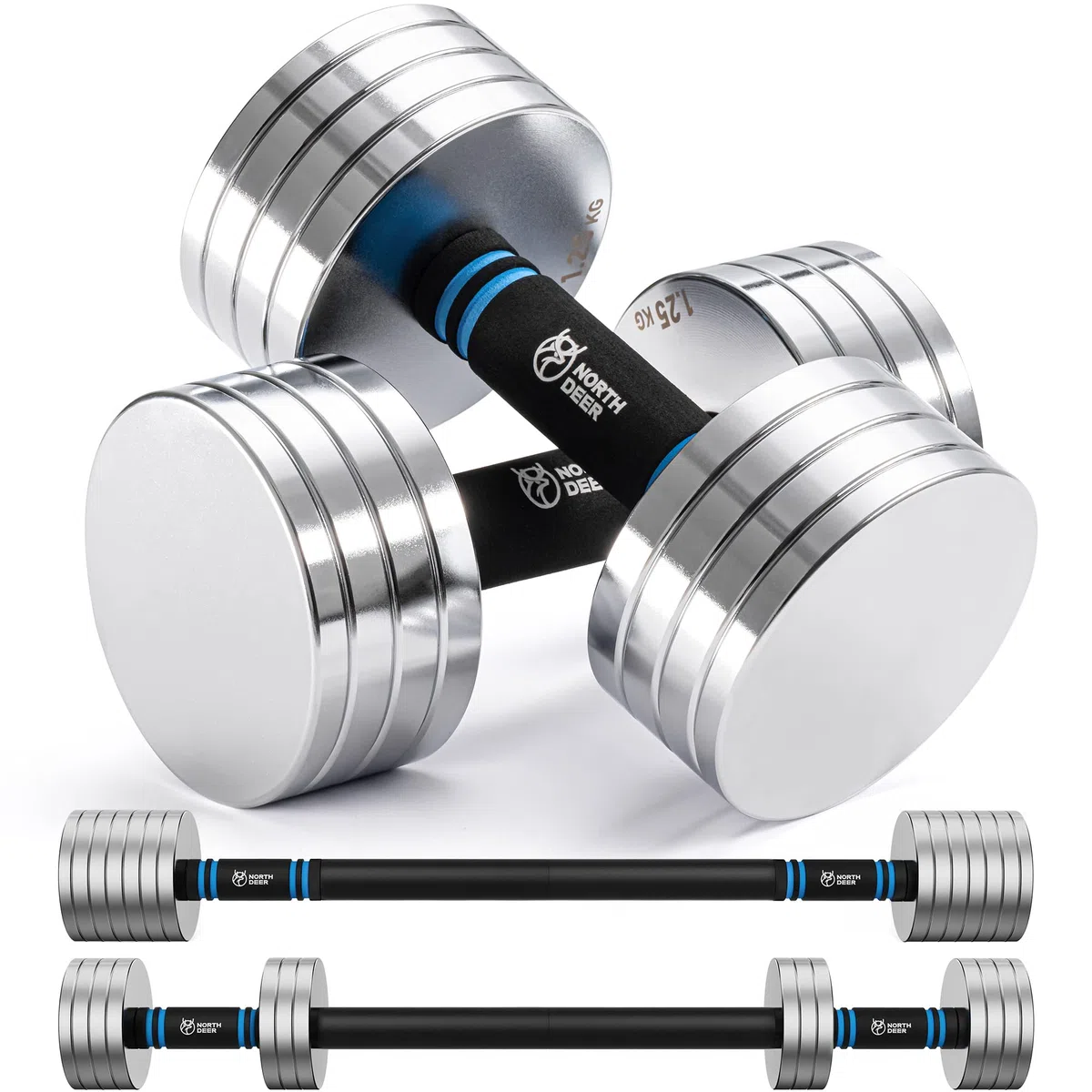 Northdeer Set di manubri corti regolabili 2 in 1, in acciaio, 10 kg, set da 2 pezzi, pesi ultra compatti, 2,5 kg, 3 kg, 5 kg, 5,5 kg, 7,5 kg, 8 kg, 10 kg, con barra di collegamento, per fitness