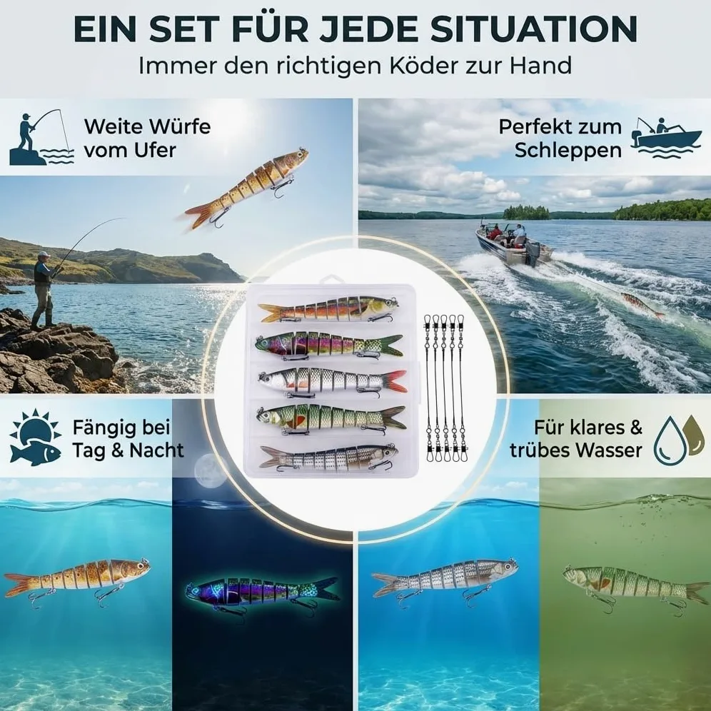 set esche artificiali 5 pezzi in scatola esche da pesca per la pesca dei predatori - spine multi-pezzo con snodo per una corsa realistica a lento affondamento