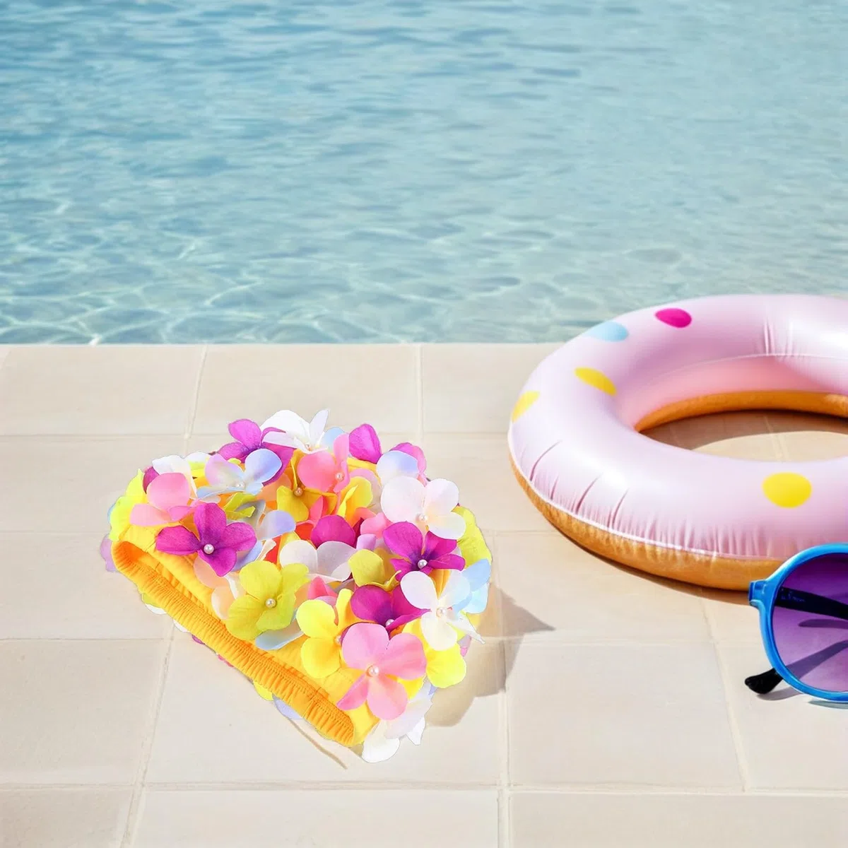 Angoily 3 Pezzi Cuffia da Nuoto e Confortevole in Chinlon Donna con Design a Petali di Fiori e Retrò per Piscina e Bagno