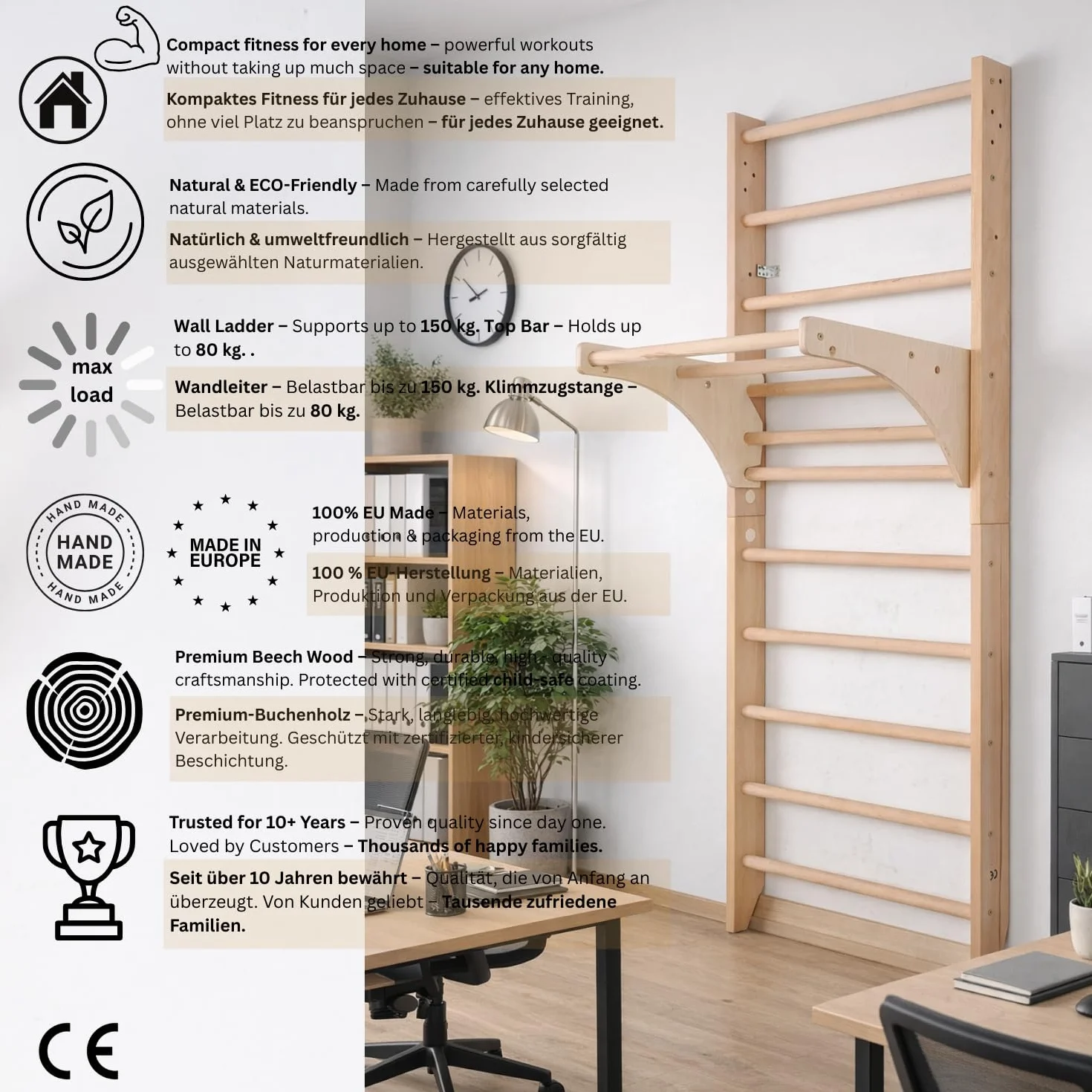 Scala Svedese in Legno con Barra Superiore Regolabile " Kombi-1-220 "Ginnastica, Sport, Gym, Barra a Muro da Casa