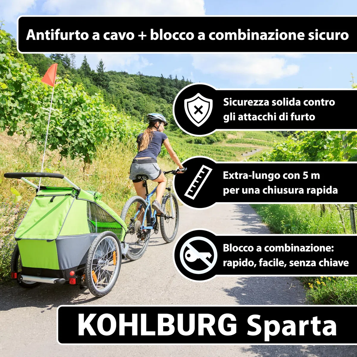 KOHLBURG Lucchetto a cavo 5 m con combinazione numerica – Antifurto in acciaio rivestito per bici, mobili da giardino, moto e barca Antifurto a cavo 5 metri
