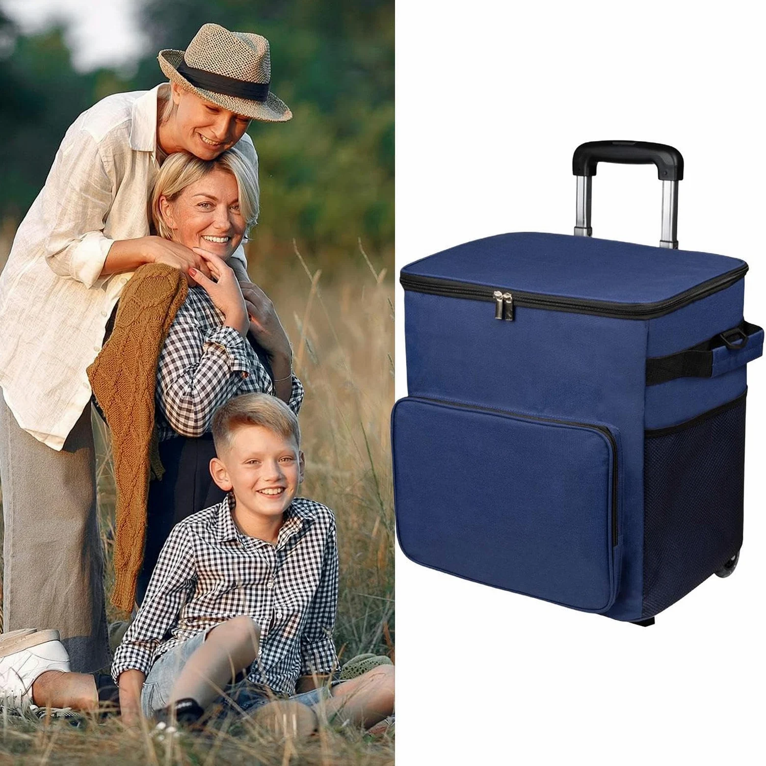 Borsa termica con ruote, 35 l, con ruote, con maniglia, a prova di perdite, per viaggi, picnic, spiaggia, campeggio, barbecue all'aperto, patio, viaggi su strada, trasporto alimentare natalizio