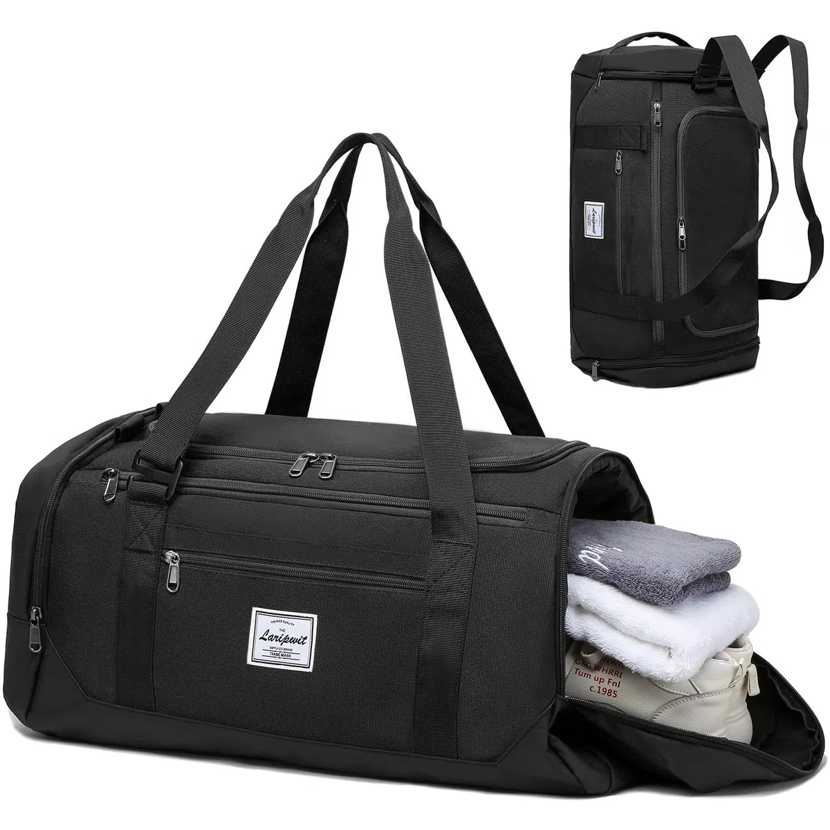 Laripwit Borse da palestra da uomo 40L borsone da viaggio con scomparto per scarpe e tasca bagnata borsone zaino per le donne, Nero , Zaino da palestra