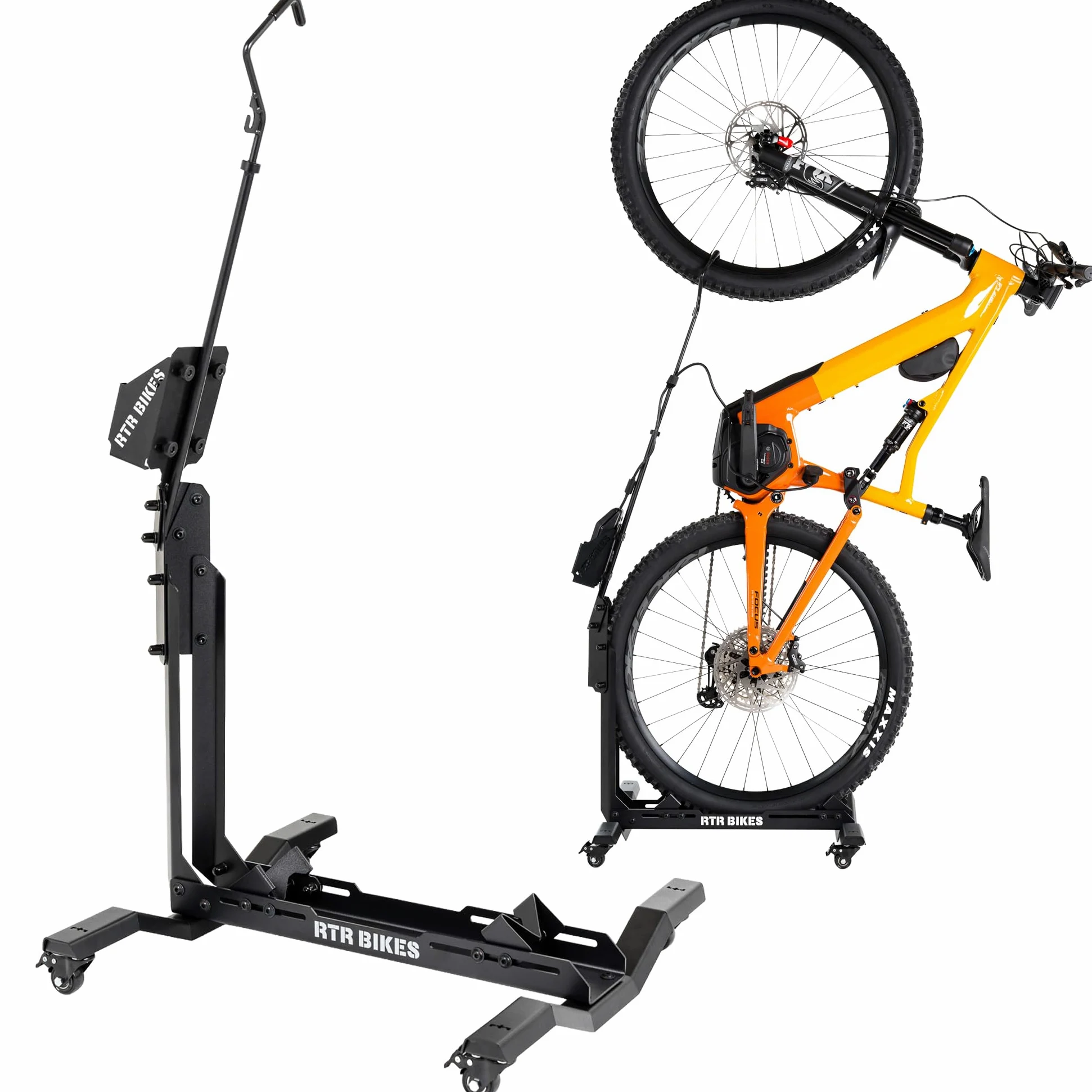 RTR BIKES Brutus Up Pro Cavalletto Bici Mobile con Ruote – Postazione Ricarica E-Bike con Porta Caricabatterie – Supporto Verticale fino a 30kg – Gomme 3,5" – Made in EU