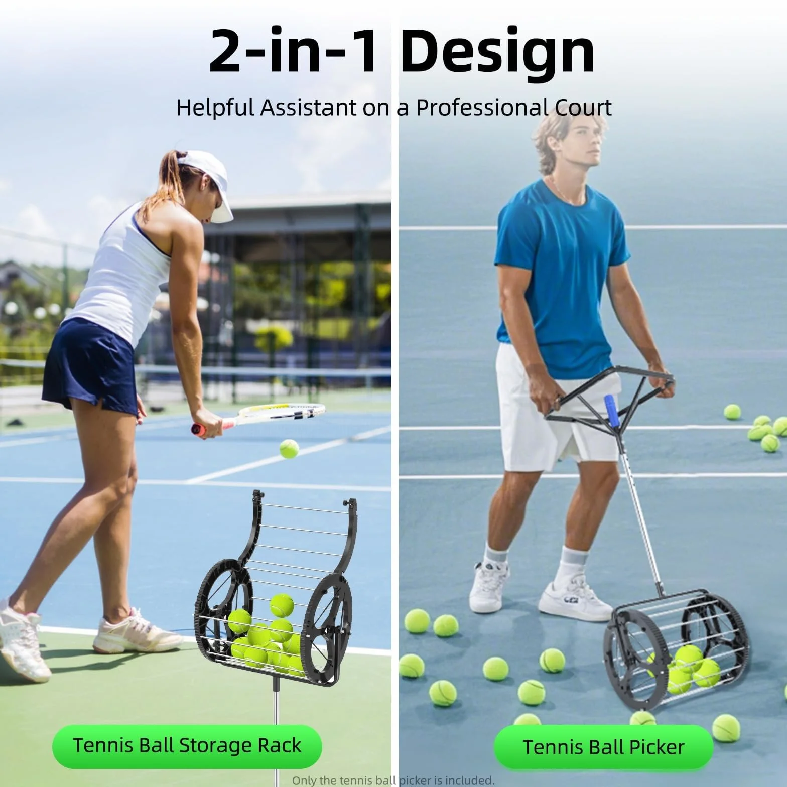Raccoglitore automatico per palline da tennis, capacità 80 palline, cestino da raccolta 2 in 1 con altezza regolabile, raccogli palline con manico, tramoggia portatile per campo