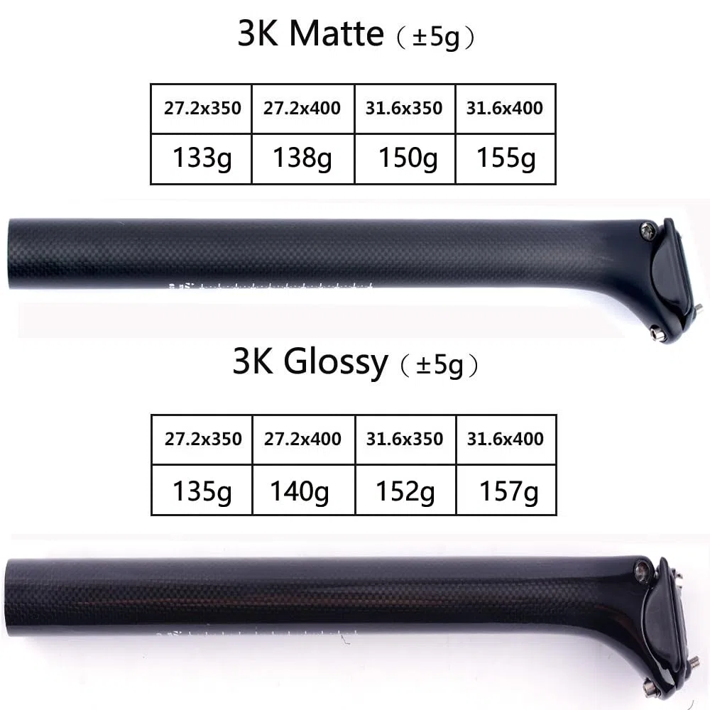 3k Fibra di Carbonio Lucida 27.2/31.6mm*350/400mm Reggisella per Bici da Ciclismo Mountain / Road Bike BMX