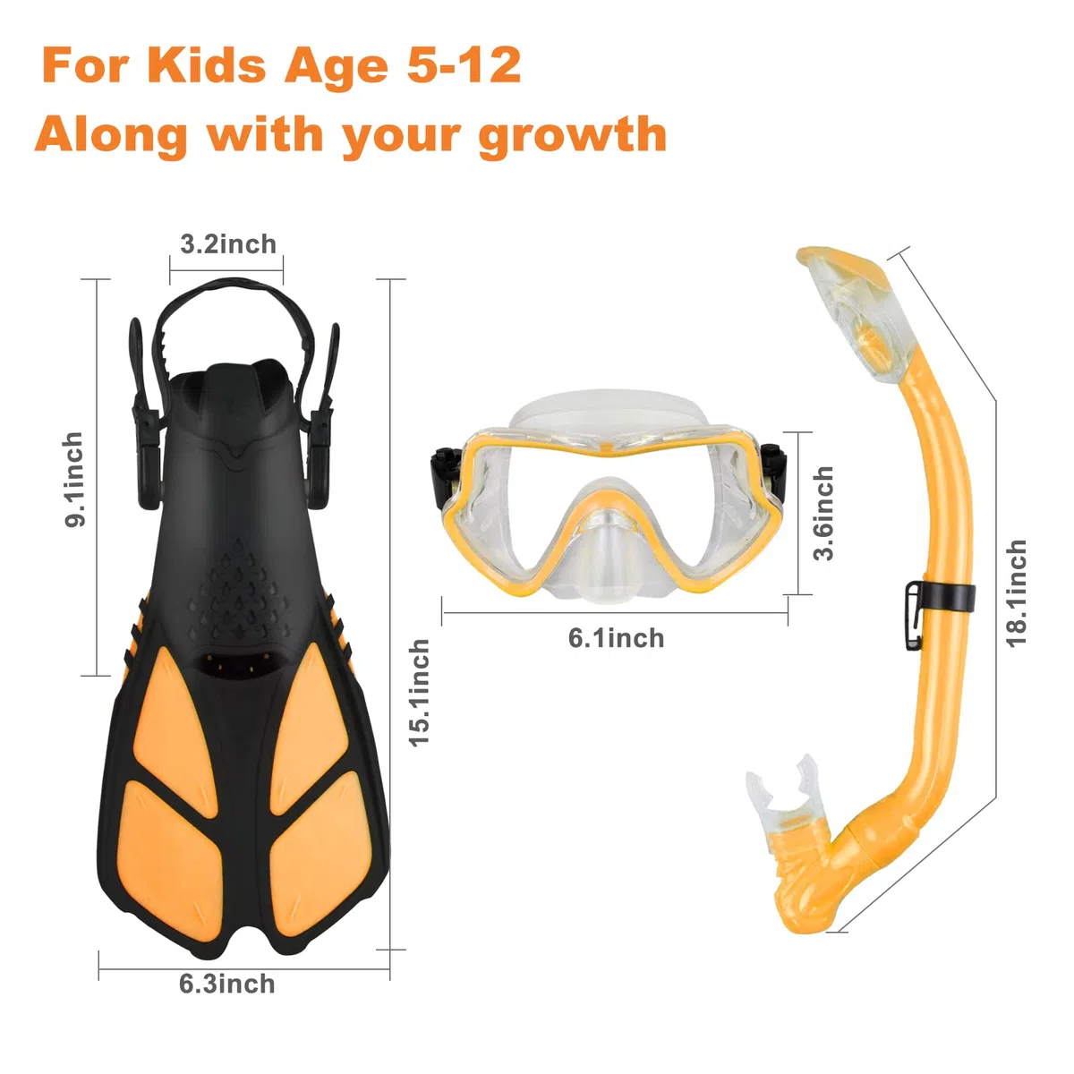 Set da snorkeling per bambini, pinne regolabili + maschera panoramica + tubo da snorkeling asciutto + borse da viaggio - adatto per bambini e ragazzi, età 5-14 anni