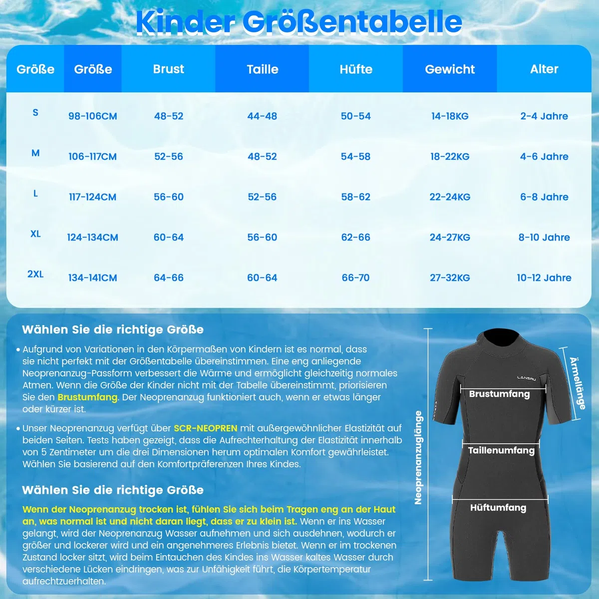 Muta in neoprene per bambini, 2,5 mm, shorty in neoprene, chiusura lampo frontale, per surf, nuoto, immersioni, mantenere caldo per sport acquatici