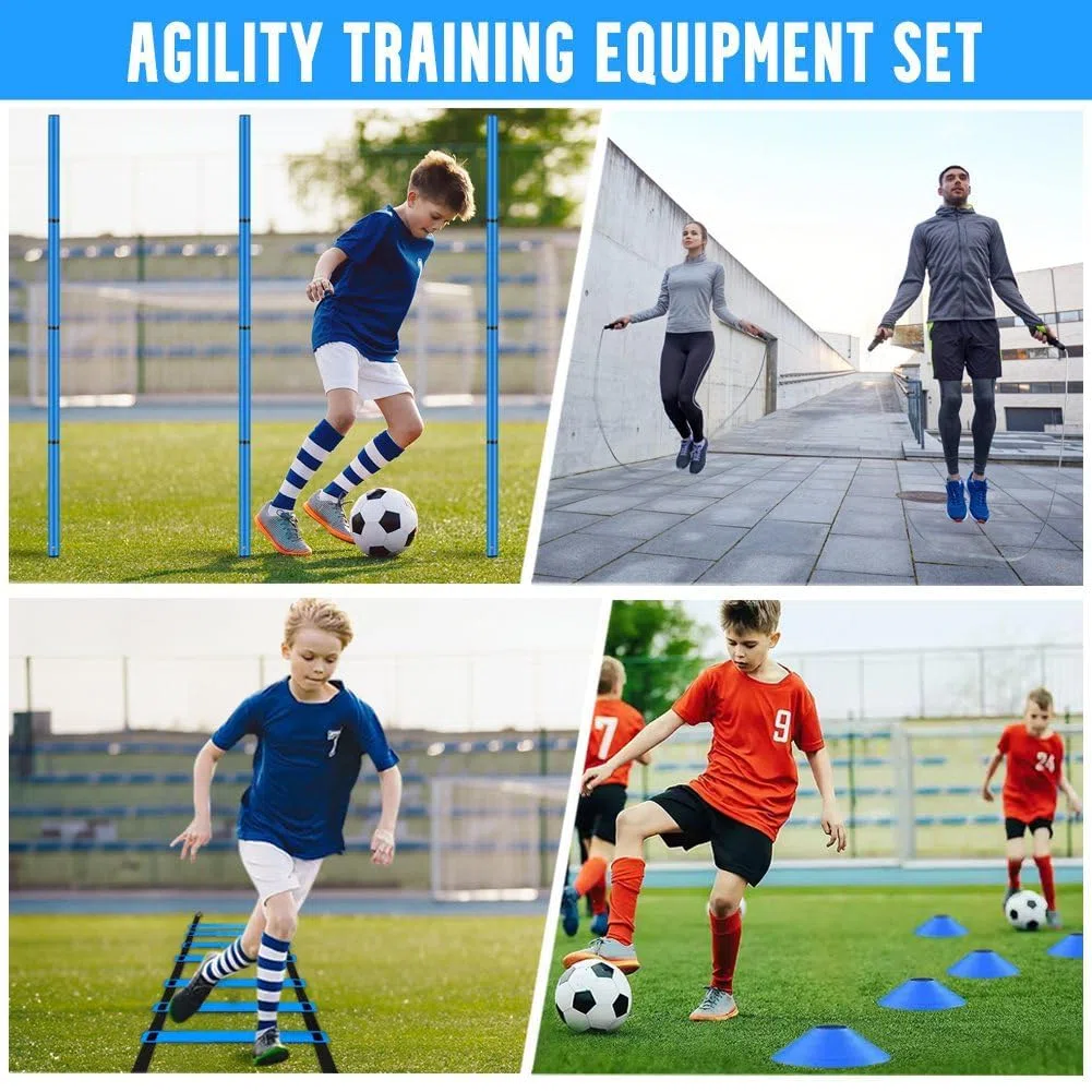 Set di accessori per allenamento da calcio, 6 aste per slalom, scala di coordinazione, 6 m, 12 cappelli, corda per saltare e paracadute per allenamento di coordinazione