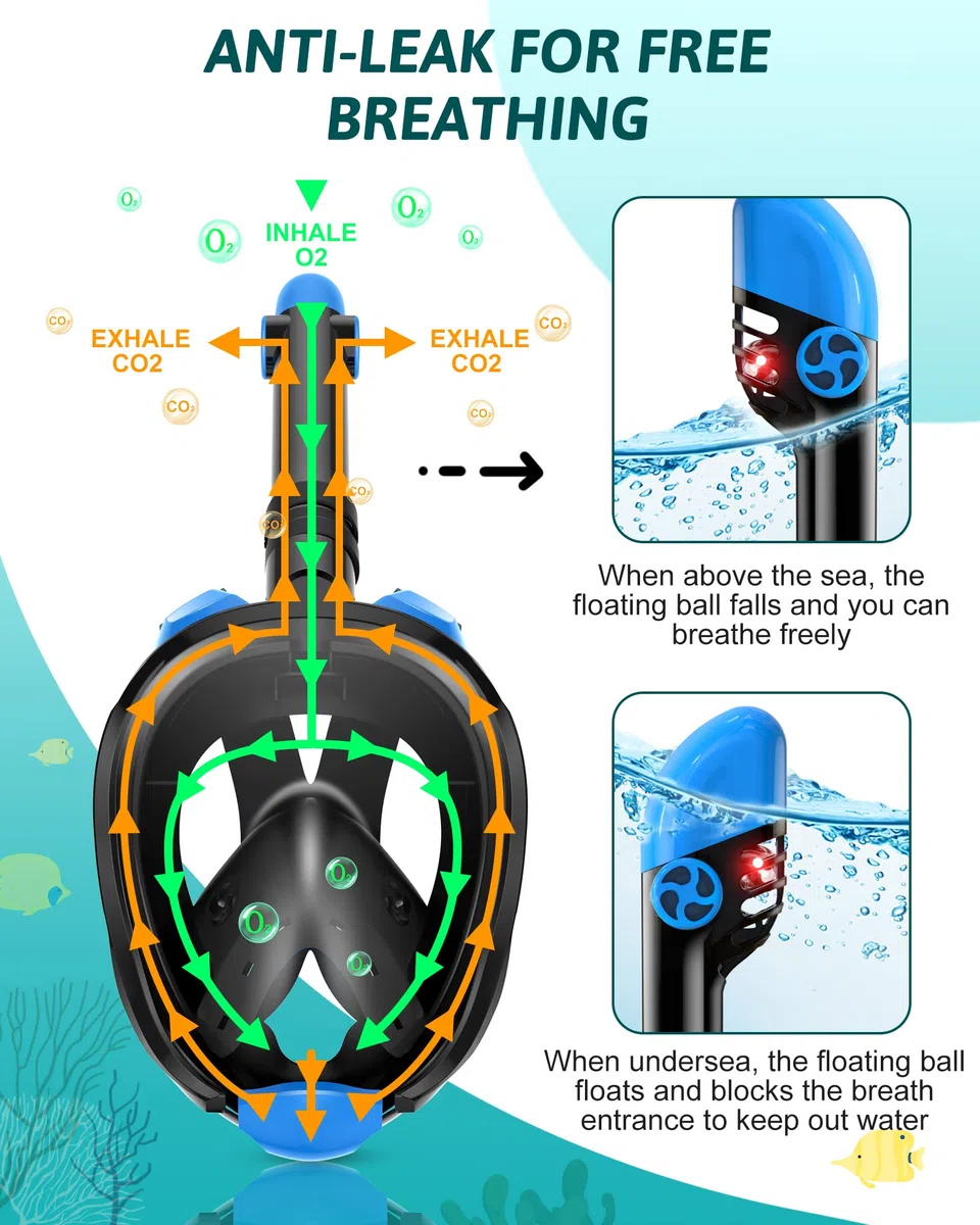 Viginsul Set di attrezzatura da snorkeling per adulti e bambini, maschera integrale pieghevole con pinne regolabili