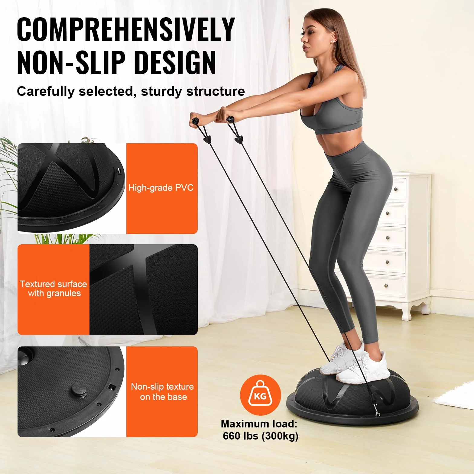 VEVOR Mezzo Allenatore Palla Capacità Portante 300 kg, per Esercizi, Equilibrio, Stabilità Palla Yoga Fitness con Fasce di Resistenza Pompa a Pedale, Allenamento Corpo di Palestra Casa, 58 cm Nero