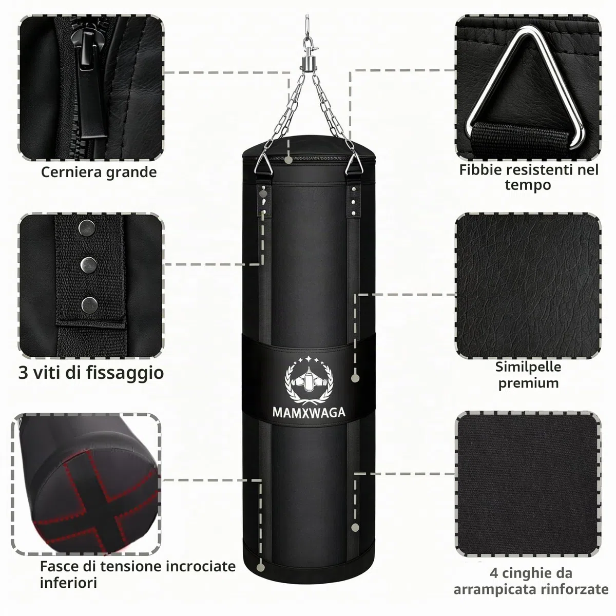 Sacco da Boxe Tela per Adulti 120cm, Pesanti Sacchi Pugilato da Appendere con Rotatore, Non-Riempito Canvas Punching bag Portata Massima 80kg