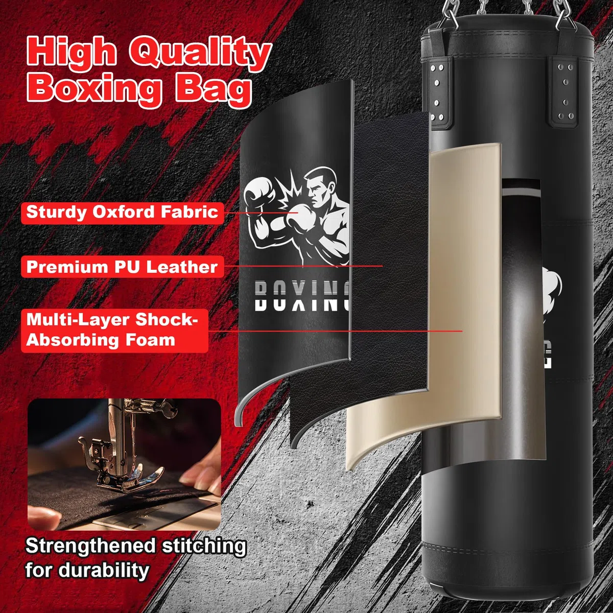 Qoosea Sacco da Boxe per Adulti, 1.2m Appendere Sacchi da Boxe da Muro con Guanti e Catena, Stabile Pungiball Sacco Box Set per Pratica di Taekwondo Karate MMA Fitness (Non Riempiti)