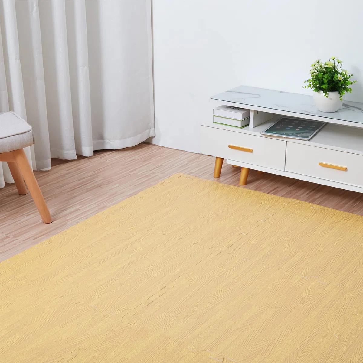 Tappeto per palestra pavimento puzzle: 24 pezzi tappetino incastro 60x60cm tappetini ginnastica fitness casa tatami bambini gioco esercizi legno effetto schiuma eva morbido quadrato interno, Giallo