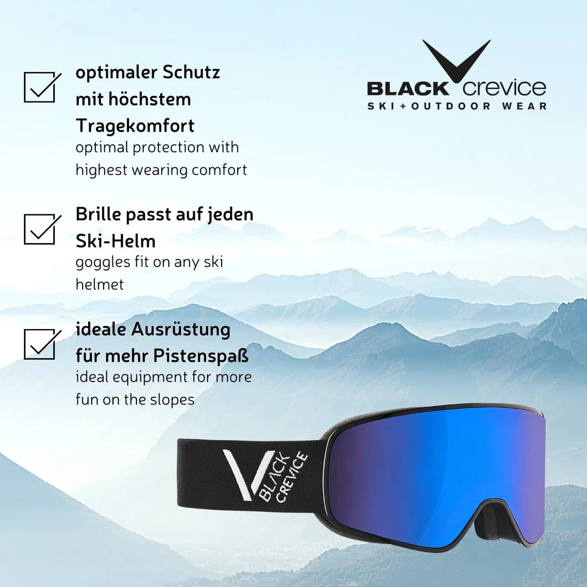 Black Crevice Occhiali da Sci – Schladming – Doppio Parabrezza, Rivestimento Anti-Appannamento, Protezione UV400 (Bianco/Nero, M (Circonferenza Testa 55-58 cm))..