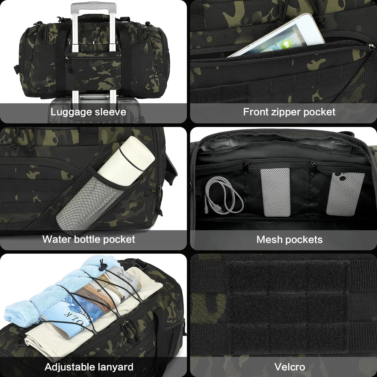 Borsone Palestra Tattica per uomo Donna 45L Borsa Sportiva Impermeabile con Porta Scarpe e Tasca Umida Zaino da Viaggio per Militare Fitness Sport Campeggio, Camo
