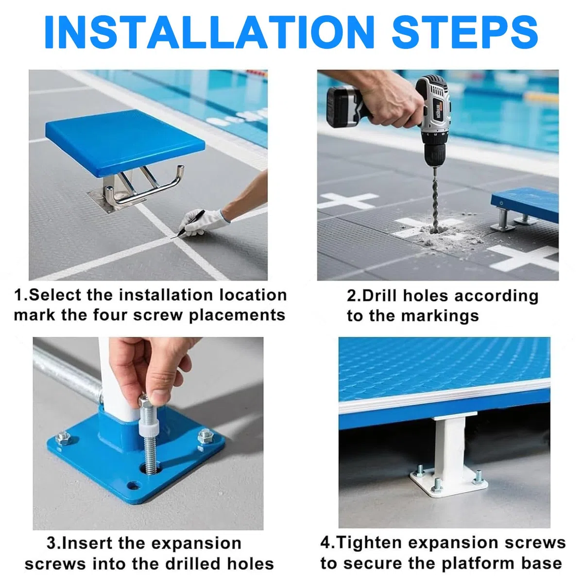 Generico Piattaforma per Tuffi Robusta per Piscine, Portata 200 kg, Trampolino in Acciaio Inox Antiscivolo, Superficie Antiscivolo 50x50 cm per Tuffi sicuri