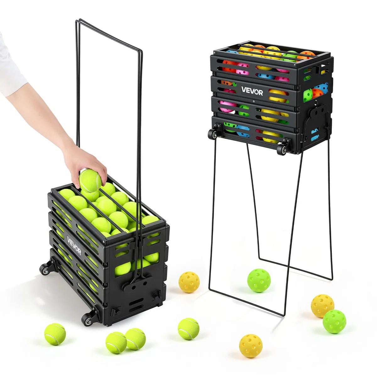 VEVOR Carrello Porta Palline da Tennis 2 in 1 con Cestello, capacità 80 Palline, con Ruote Scorrevoli e Struttura Resistente, Facile da Spostare, Contenitore Portatile per Allenamento e Pickleball