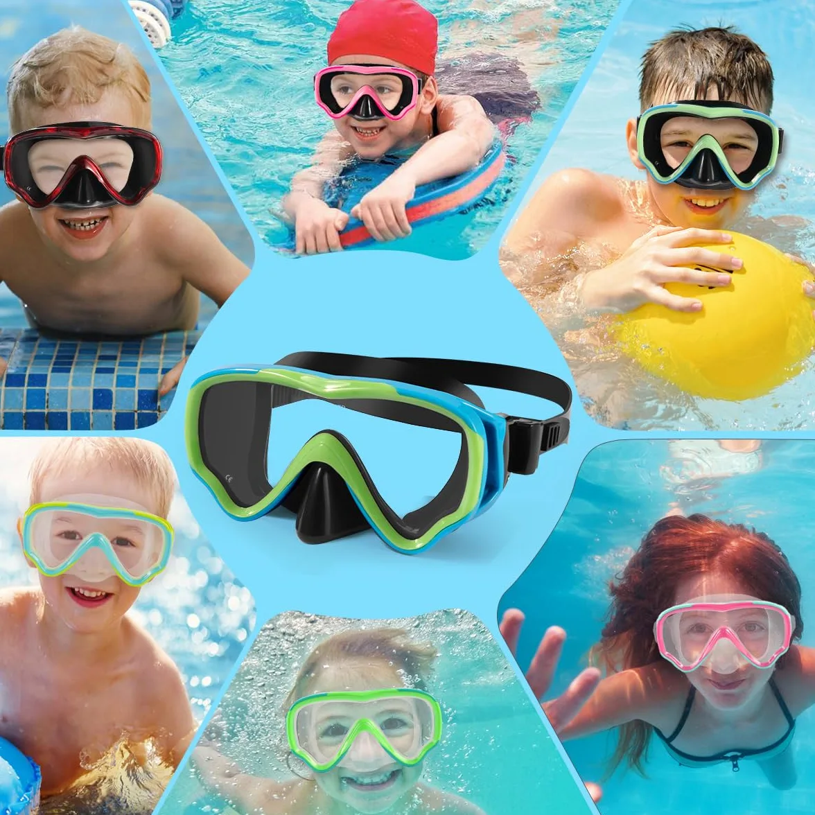 Maschera subacquea per bambini, anti-appannamento e anti-perdite, occhiali da snorkeling impermeabili in vetro temperato, per bambini dai 4 ai 14 anni