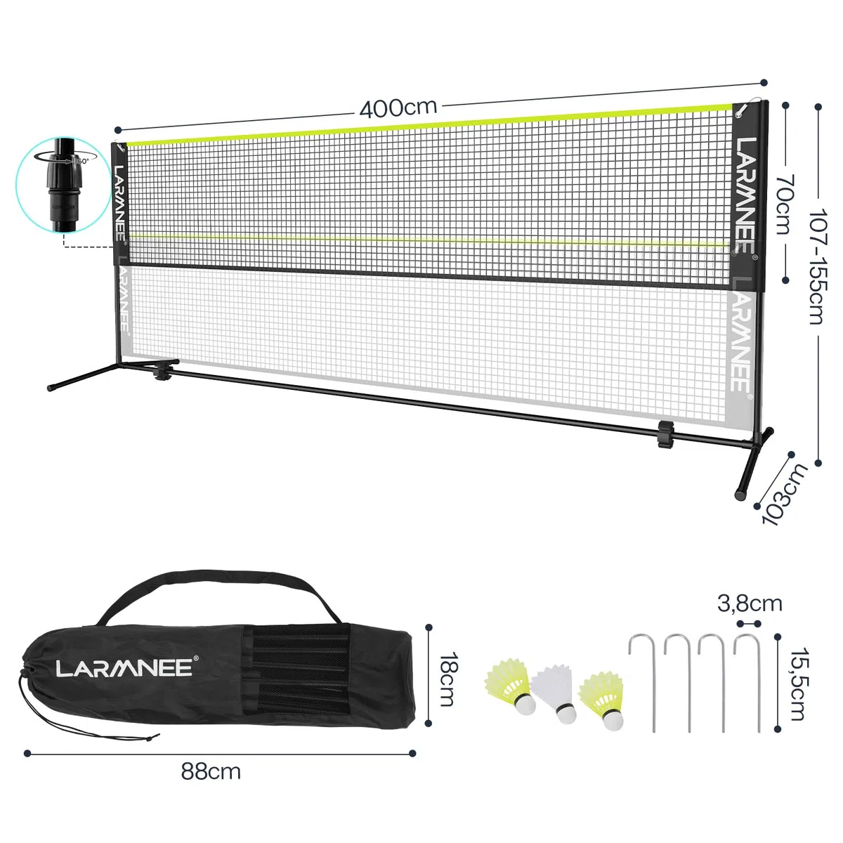 LARMNEE Rete da badminton, rete da pallavolo, rete da volano, regolabile in 3 altezze, 107/120/155 cm, set portatile per tennis, badminton o pallavolo, per giardino, interni, esterni