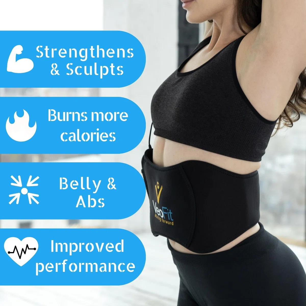 VEOFIT Cintura Addominale elettrostimolazione e Sollevamento Pesi, elettrostimolatore Muscolare in ABS, per Uomini e Donne, 10 programmi, 99 Livelli di intensità, Senza Fili, con Gel