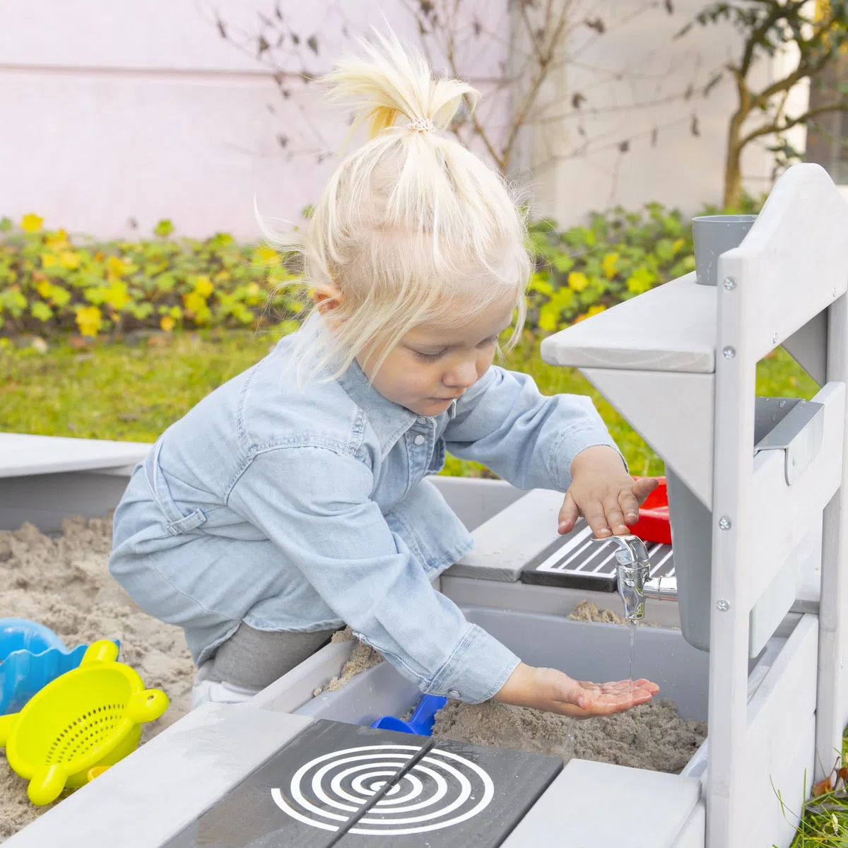 roba serbatoio d’acqua per cucine di fango e tavoli d’acqua, in plastica robusta con rubinetto, accessorio per cucine outdoor, appendibile fino a 18 mm, resistente alle intemperie, grigio