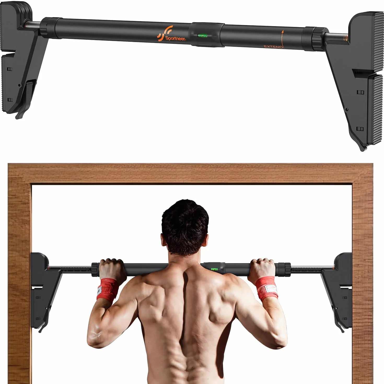 Sportneer Barra per trazioni: regolabile in larghezza, con meccanismo di bloccaggio per trazioni senza viti, barra per trazioni per allenamento della forza per porta con comfort antiscivolo per