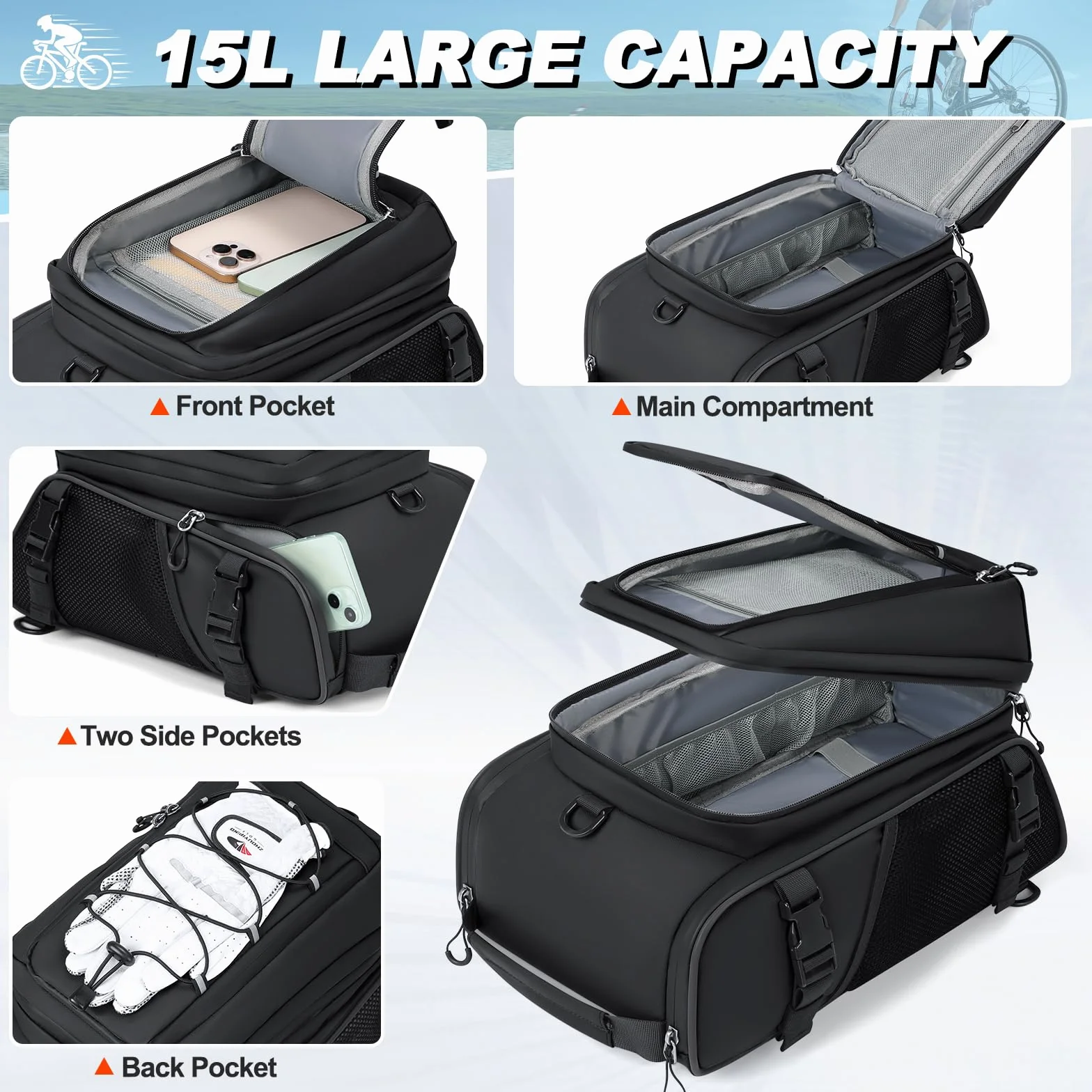 RAINSMORE 3 in 1 Borsa Bici Posteriore 15L Impermeabile Borse per Bicicletta Posteriori con Copertura Antipioggia e Striscia Riflettente Nero