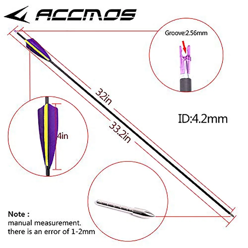 ACCMOS 12 Pezzi Caccia Freccia di Carbonio ID 4,2 mm Spine 300 350 400 500 600 700 800 900 1000 con 4 "Piuma di Tacchino per Tiro con L'Arco Tiro Accessori per Arco