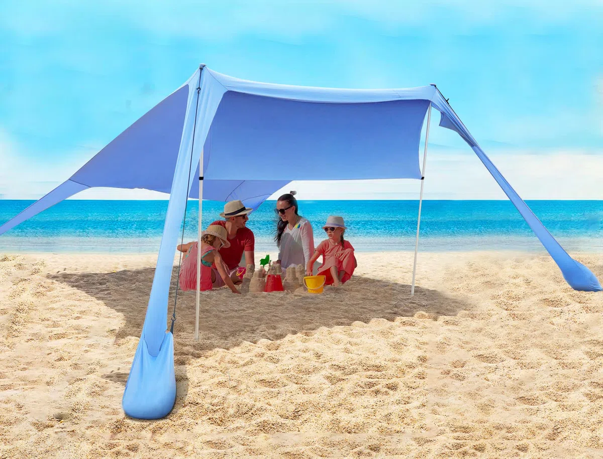 Tenda da spiaggia portatile tenda parasole spiaggia con protezione dai raggi ancoraggi per la sabbia e barre in alluminio per spiaggia cortile campeggio pesca e picnic