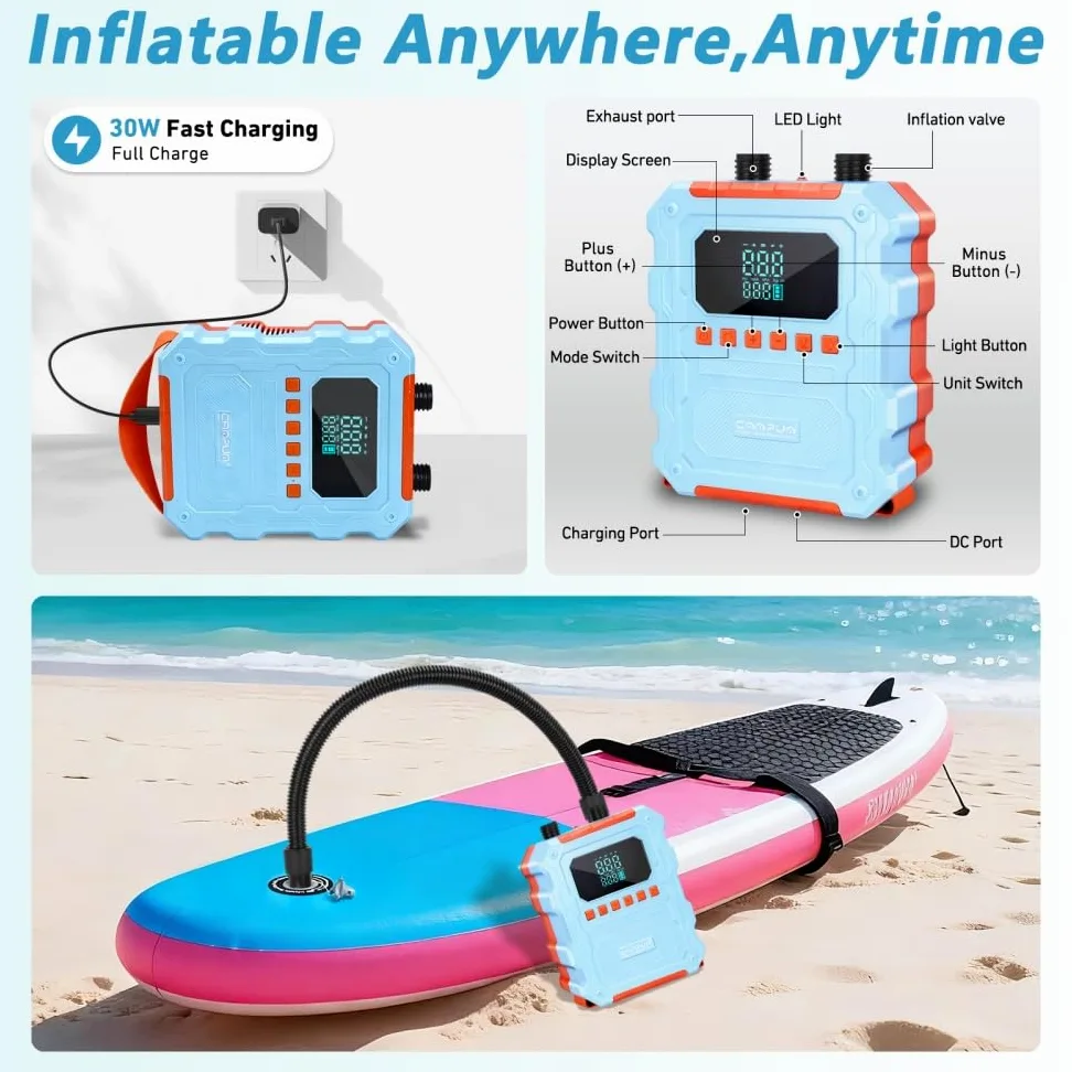 KinZon Pompa ad Aria Elettrica 60 PSI Alta Pressione per SUP, ricaricabile, compatibile con presa auto 12V, spegnimento automatico, gonfiaggio/sgonfiaggio, per paddle, kayak e pneumatici