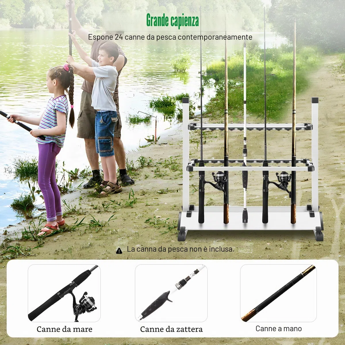 Supporto per canna da pesca in alluminio per un massimo di 24 canne, porta canna da pesca portatile, salvaspazio, per garage o uso domestico