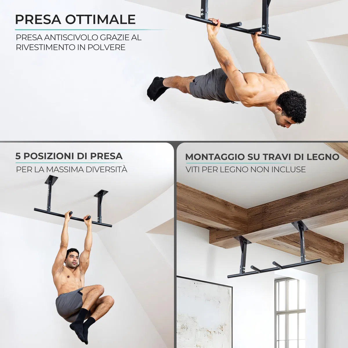 PULLUP & DIP Barra per trazioni da soffitto, portata 180 kg, impugnature antiscivolo a 5 prese per esercizi e pull-up, ideale per palestra domestica