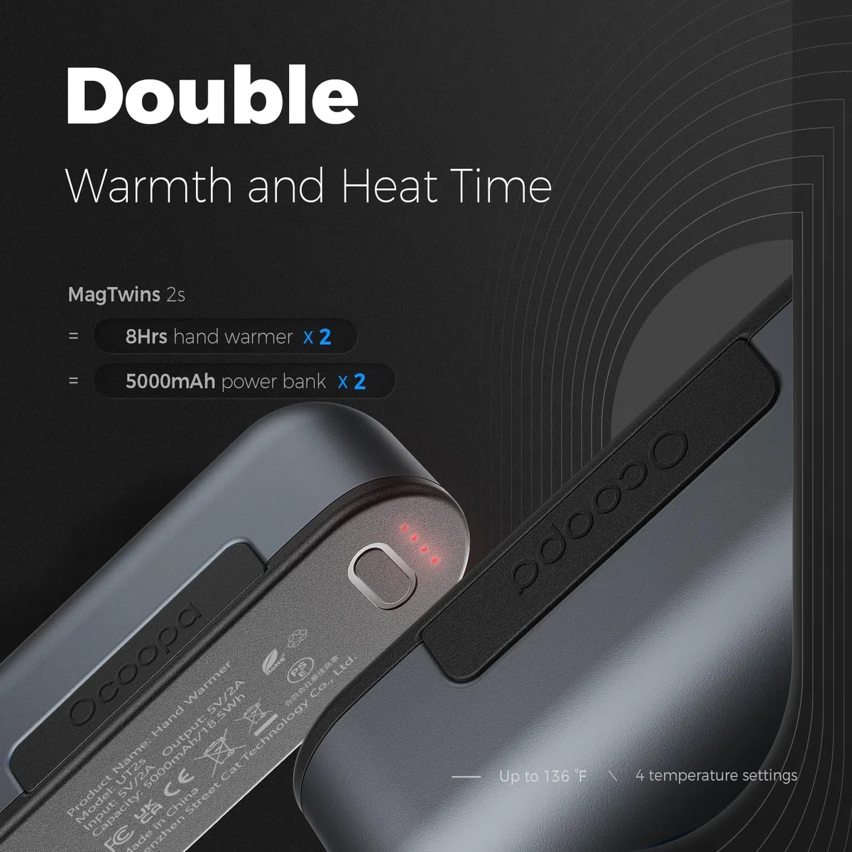 OCOOPA Scaldamani Ricaricabile, 5000mAh Scaldamani Magnetico Diviso, Riutilizzabile Elettrico Scaldamani USB Portatile Power Bank, Calore con 4 Livelli per Raynauds e all'Aperto