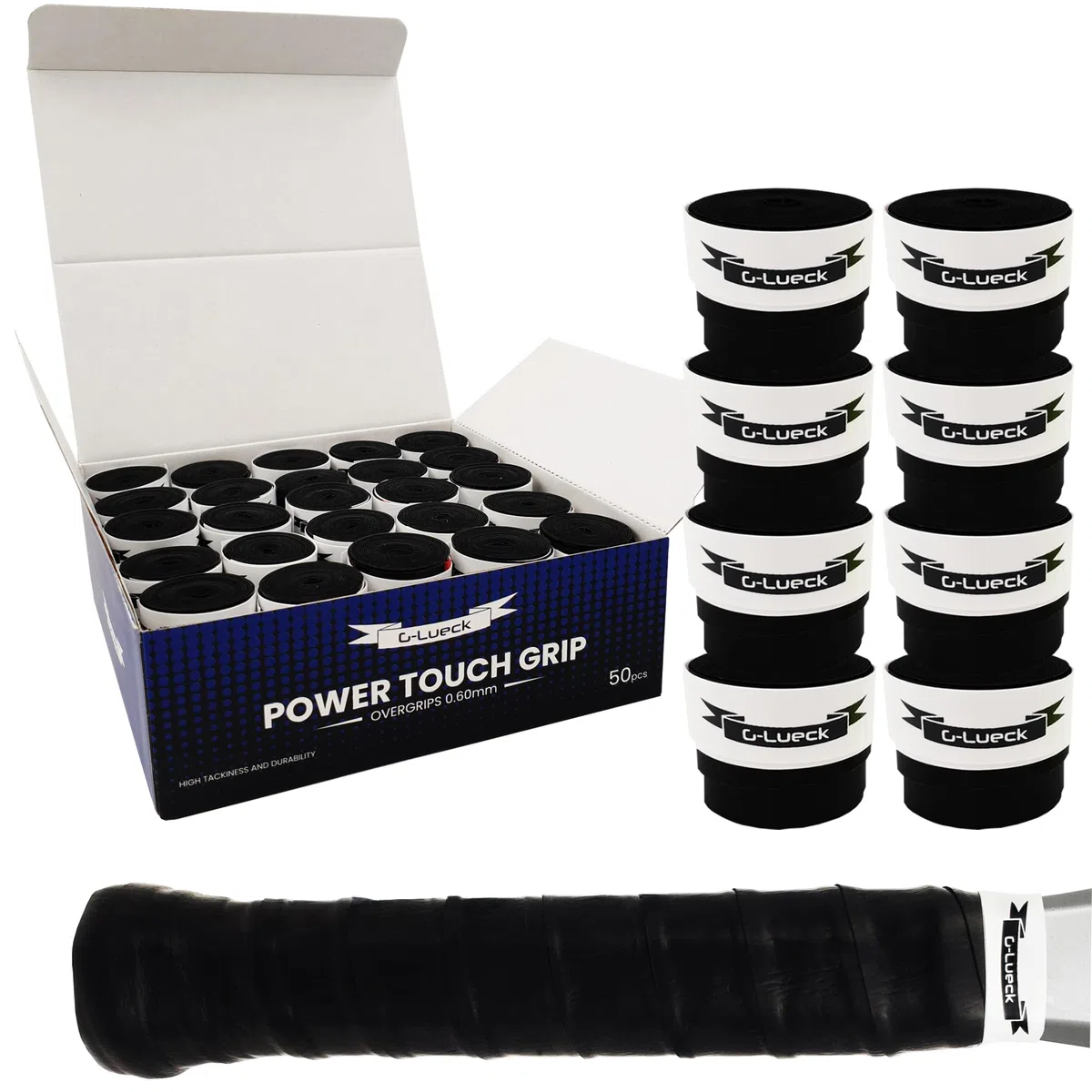G-Lueck Set da 50 Tennis Premium Overgrip Power Touch – Presa elevata, lunga durata – 0,60 mm di spessore | Fascia per impugnatura per padel, squash, racchette da badminton | antiscivolo