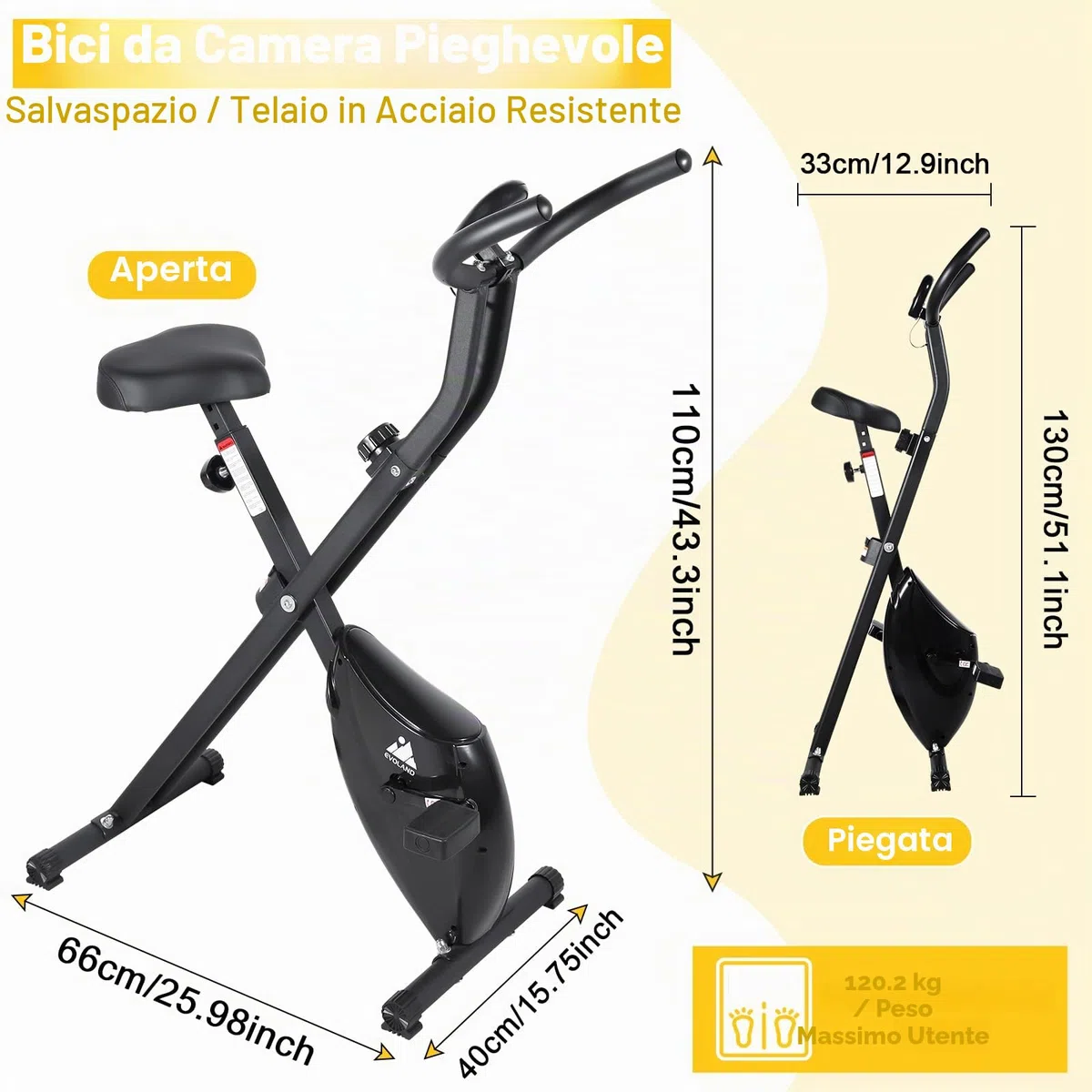Evolland, bici da ginnastica pieghevoli con display LCD, 8 livelli di resistenza, Ergometro fisso per uso domestico, carico massimo 120 kg