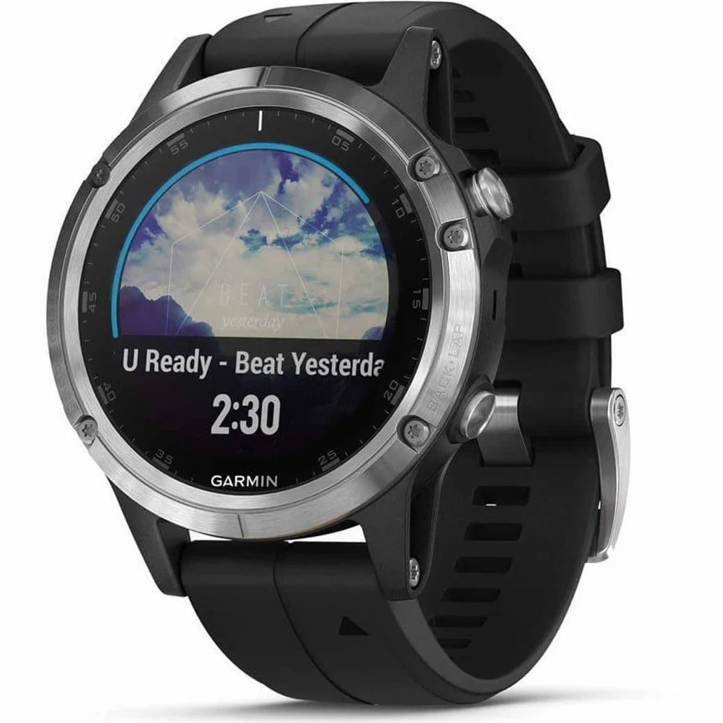 Garmin Fenix 5 Plus Smartwatch Multisport con Mappe GPS, Musica e Pagamento Contactless, Glass 47 Mm, Bussola/Giroscopio/Altimetro, Silver con Cinturino, Nero