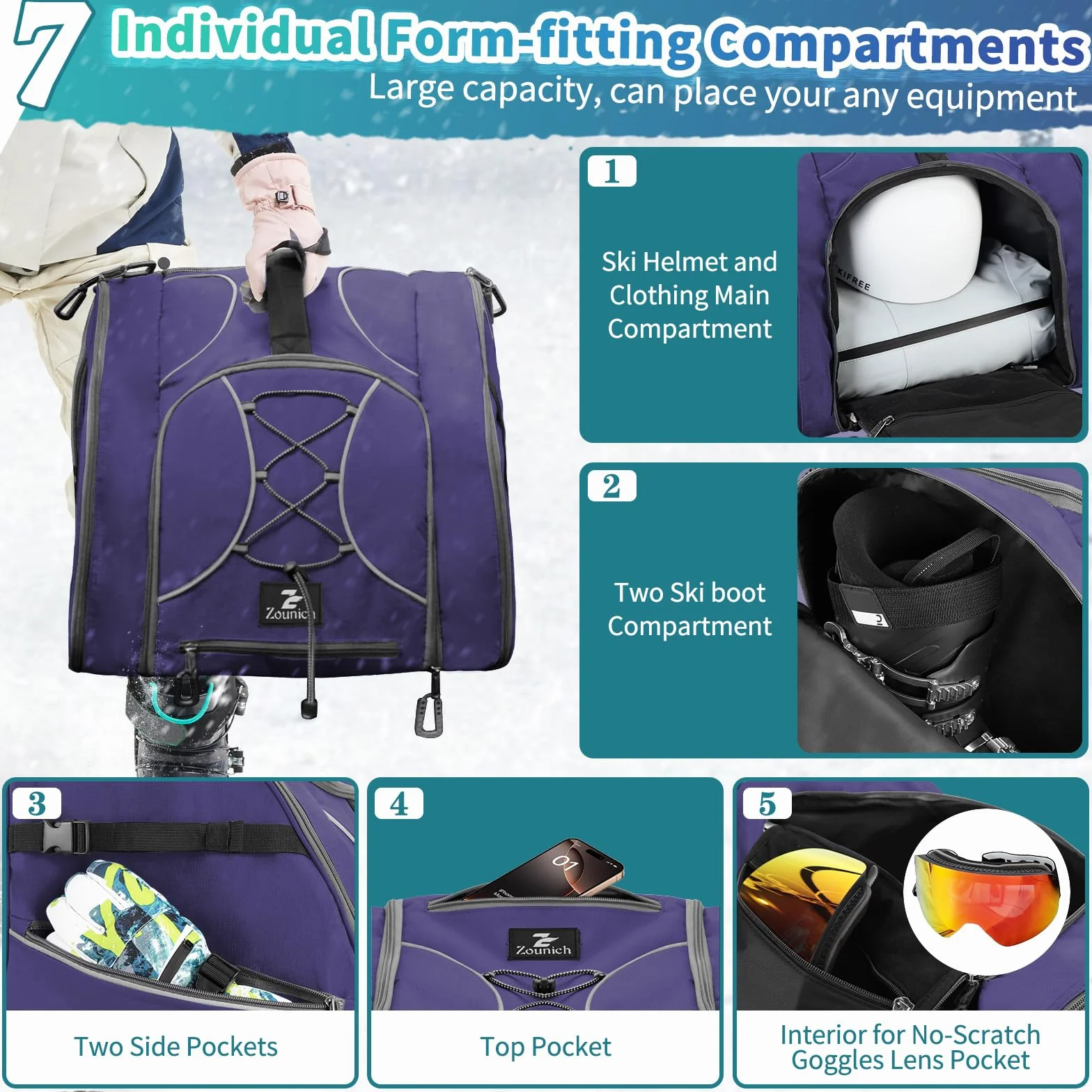 ZOUNICH Borse per Scarponi Sci, 55L Multifunzione Porta Scarponi Large Borsa Porta Scarponi sci con Scomparto per Casco Occhiali, Borsa da Sci,