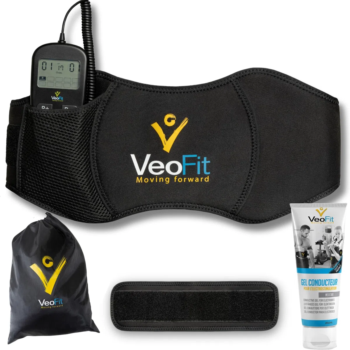 VEOFIT Cintura Addominale elettrostimolazione e Sollevamento Pesi, elettrostimolatore Muscolare in ABS, per Uomini e Donne, 10 programmi, 99 Livelli di intensità, Senza Fili, con Gel