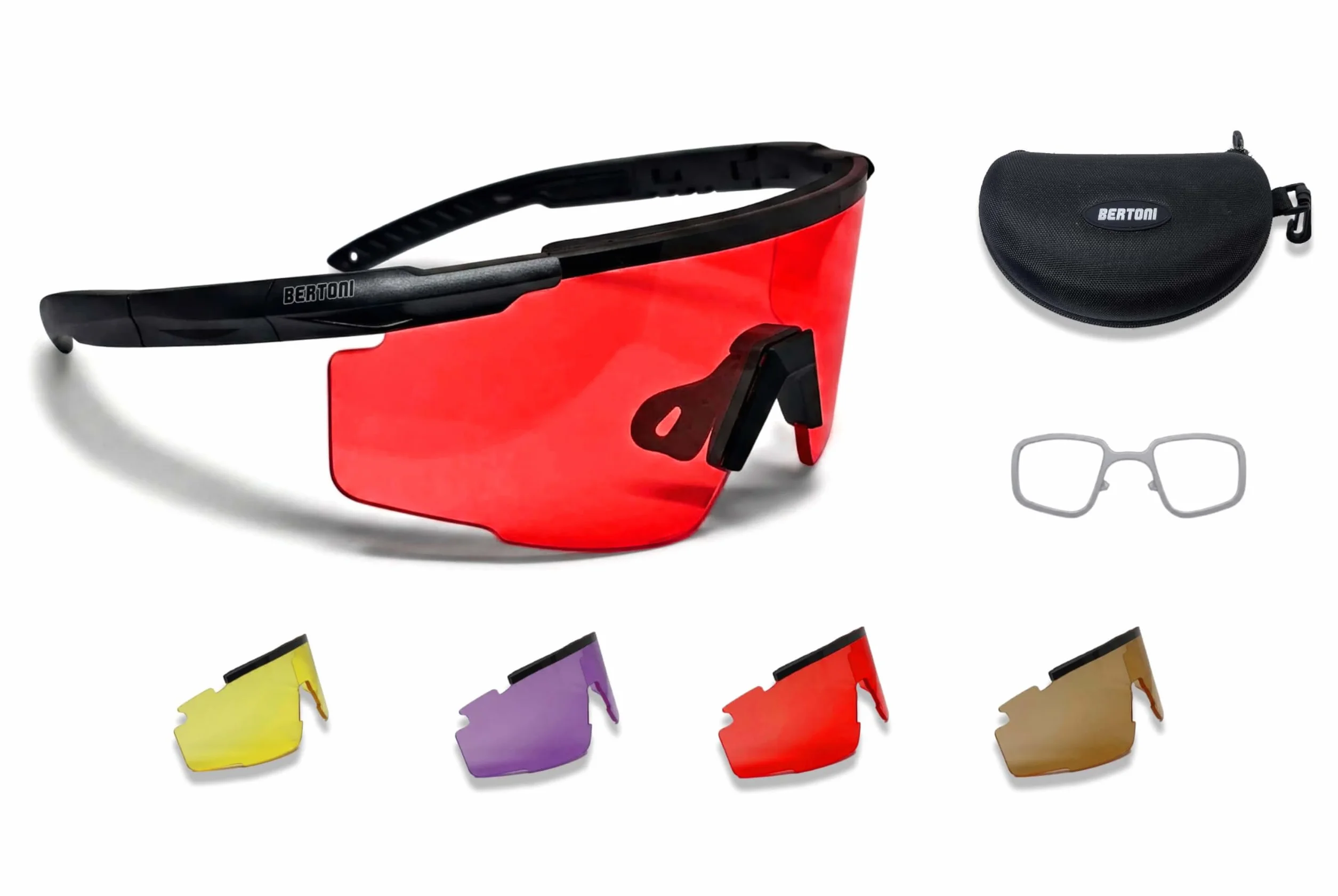 Bertoni Occhiali da Tiro Sportivo Poligono con 4 Lenti Intercambiabili e Clip Accessorio per Lenti da Vista Graduate – SH890N SOS Italy Occhiali Tattici Uomo e Donna per Shooting